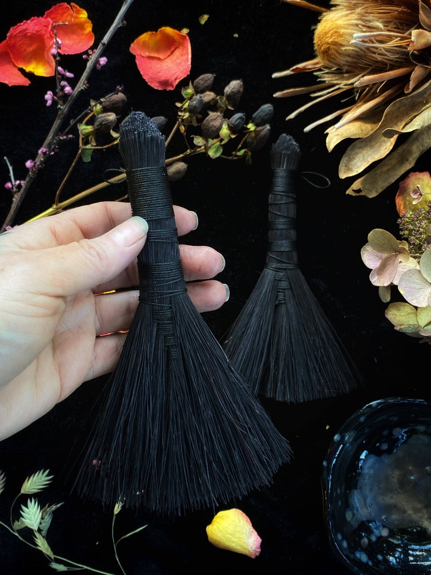 Black Altar Brooms - 6- 7” Tampico: Black w/ Black Cord - Hawk Tail Wisk (Symmetrical)