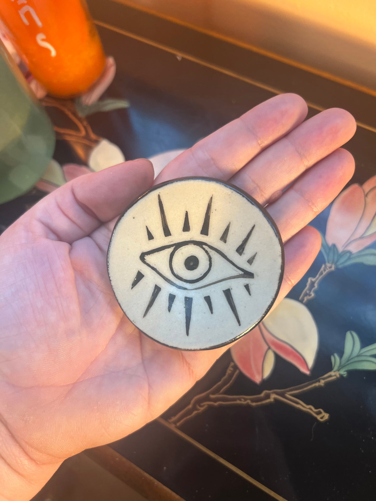 Black Sgraffito Black / Grey Evil Eye Mini Offering Dishes: 2.75” Grey with Black Sgraffito - Circular