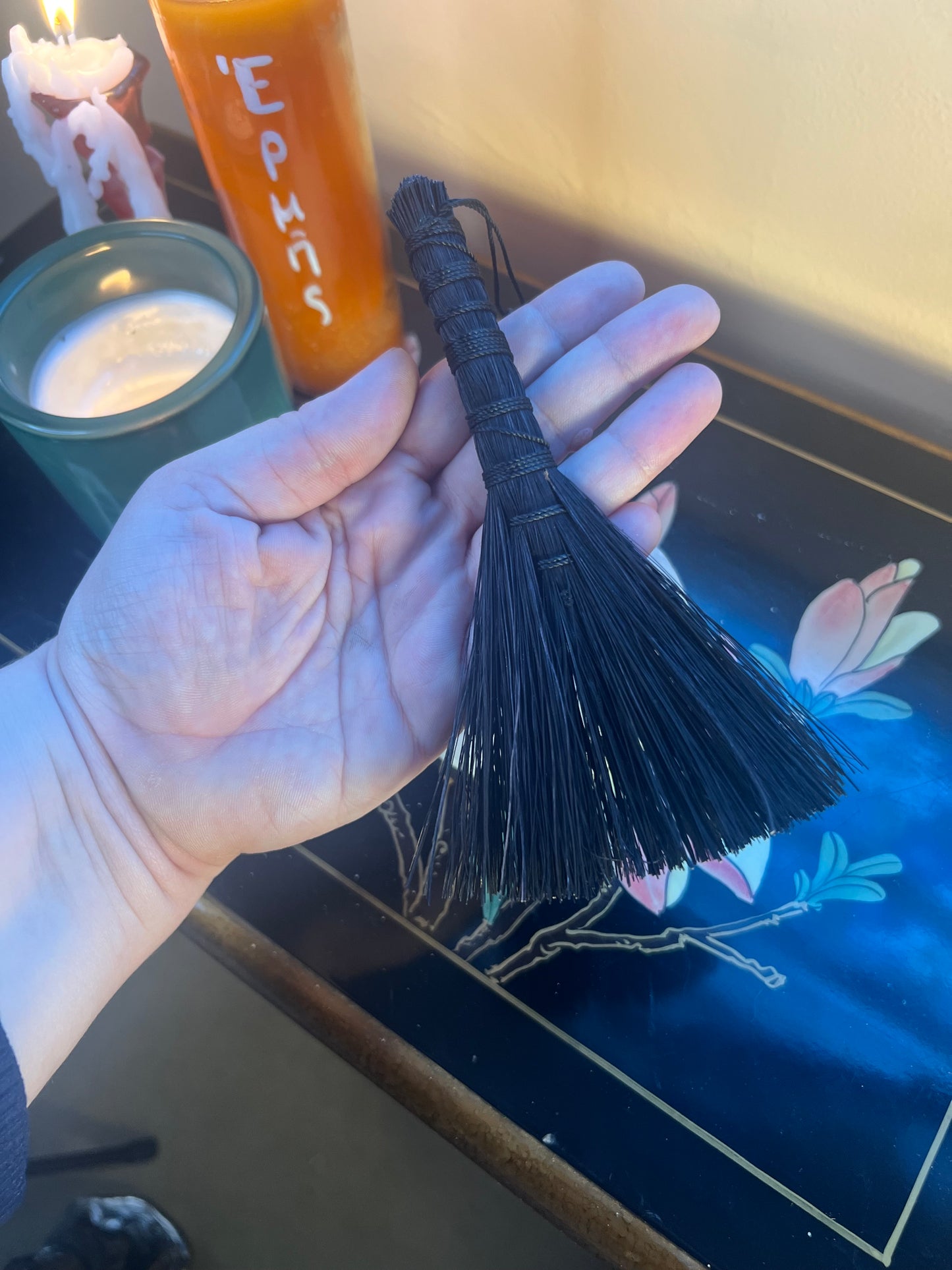 Black Altar Brooms - 6- 7” Tampico: Black w/ Black Cord - Hawk Tail Wisk (Symmetrical)