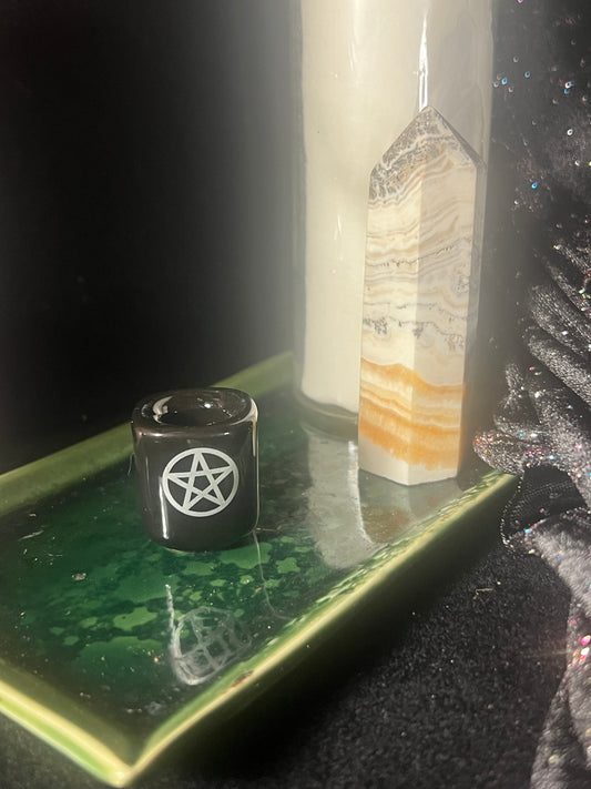 Ceramic Chime Candle Holder - Black w/ Silver Pentacle