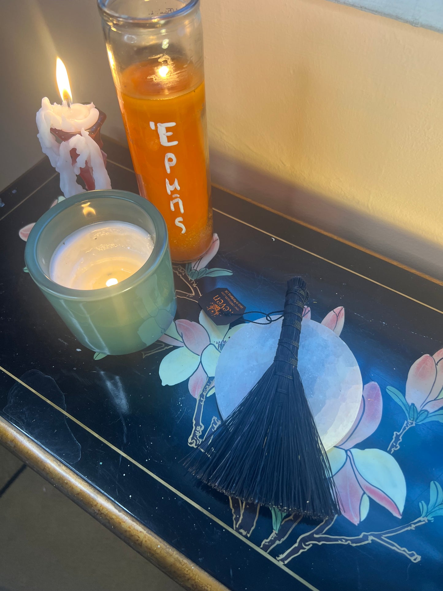 Black Altar Brooms - 6- 7” Tampico: Black w/ Black Cord - Hawk Tail Wisk (Symmetrical)