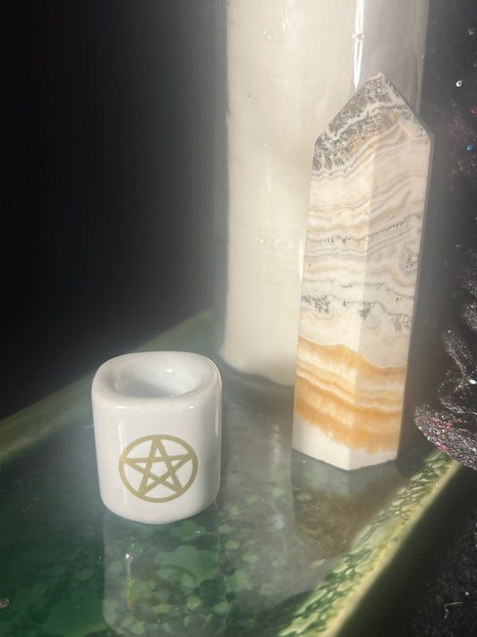 Ceramic Chime Candle Holder - White w/ Gold Pentacle