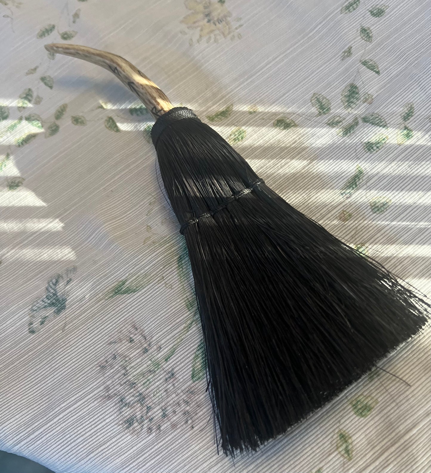 Hag’s Altar Broom - w/ Naturally Shed Deer Antler: 10.5” x 4” - Scrimshaw Runic, Deer Antler Handle