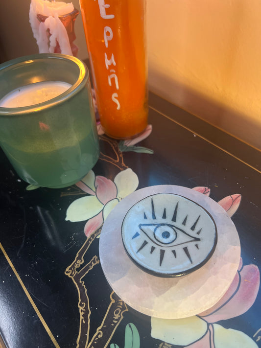 Black Sgraffito Black / Grey Evil Eye Mini Offering Dishes: 2.75” Grey with Black Sgraffito - Circular