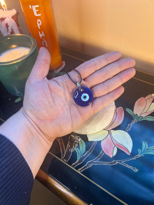 Evil Eye Protection Necklace - Round Blue - Black Cord