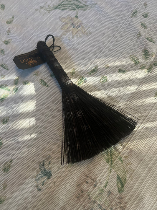 Black Altar Brooms - 6- 7” Tampico: Black w/ Black Cord - Hawk Tail Wisk (Symmetrical)