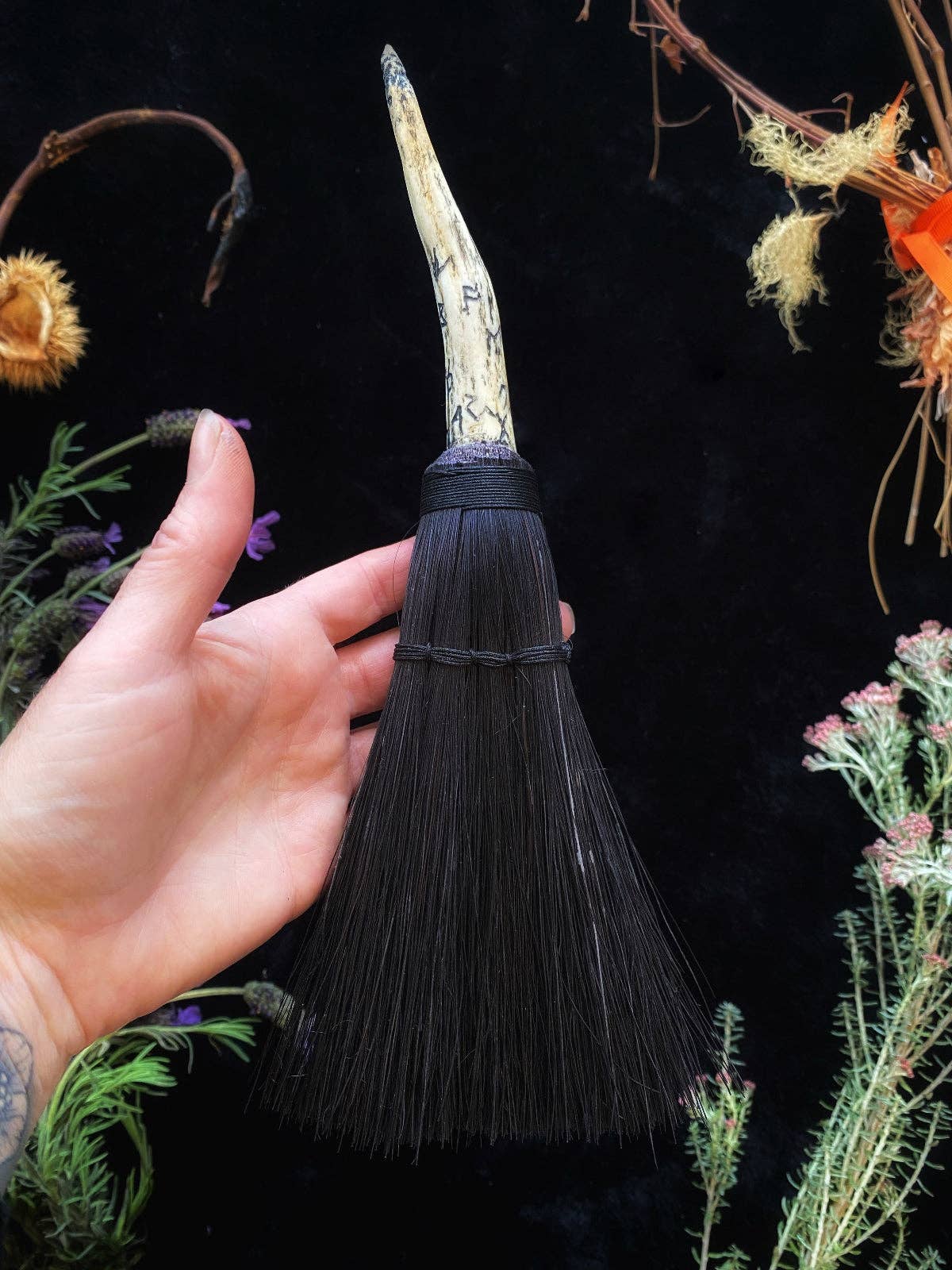 Hag’s Altar Broom - w/ Naturally Shed Deer Antler: 10.5” x 4” - Scrimshaw Runic, Deer Antler Handle